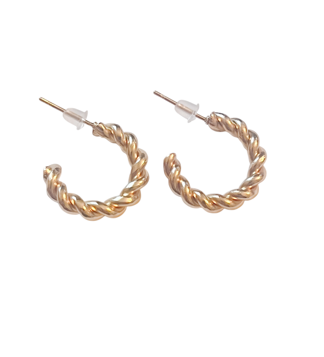 A pair of gold-tone hoop earrings with a twisted rope design and push-back closures,