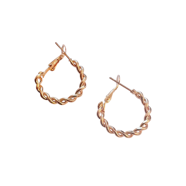 A pair of gold-tone hoop earrings with a braided twist design and hinged clasp closures