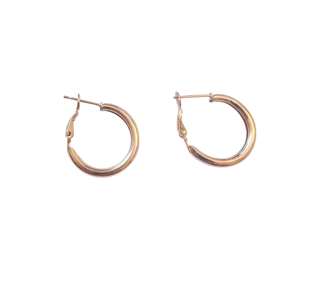 A pair of gold-tone hoop earrings with a smooth polished finish and hinged clasp closures