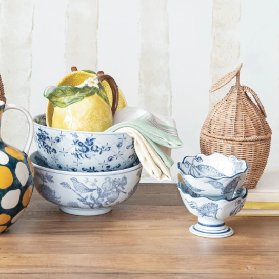 Hand-Stamped Stoneware Footed Bowl w/ Botanicals & Scalloped Edge