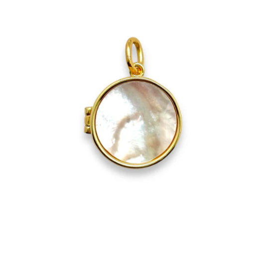 Gold-plated round locket pendant with a mother of pearl front; opens to reveal a cross design inside.