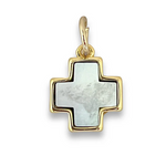 Gold-plated cross-shaped charm with a mother of pearl inlay, designed for adding to a necklace or bracelet.