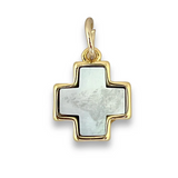 Gold-plated cross-shaped charm with a mother of pearl inlay, designed for adding to a necklace or bracelet.
