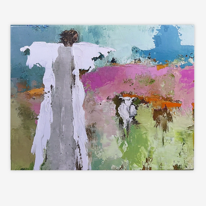 Abstract painting with a waterfall and colorful landscape