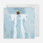 Greeting card with abstract design of a person in white against a blue background