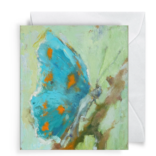 Greeting card with a blue butterfly illustration on a white background