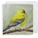 Painting of a yellow bird on a branch with a white envelope.