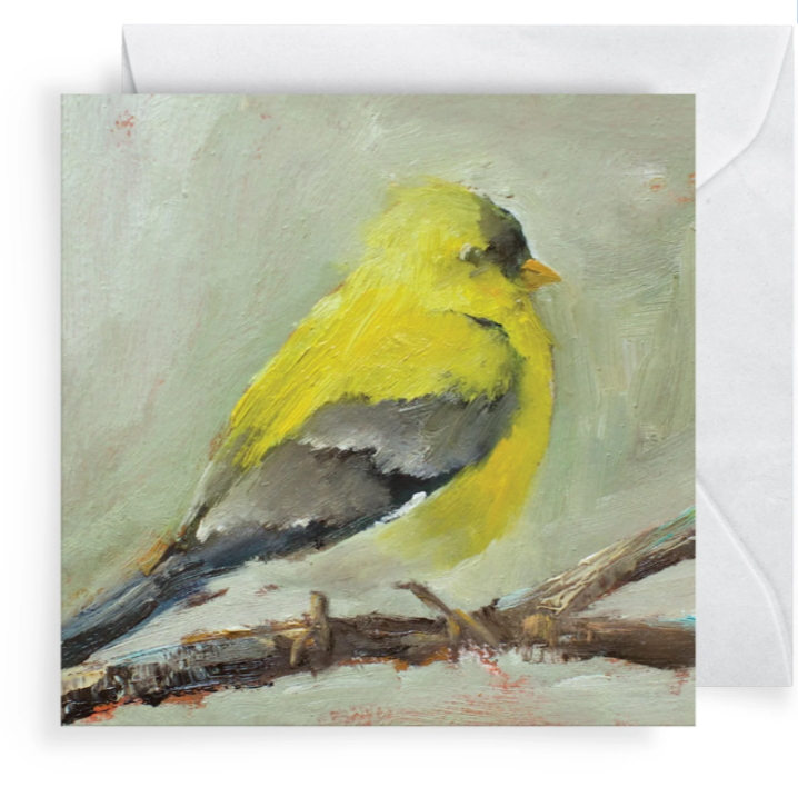 Painting of a yellow bird on a branch with a white envelope.