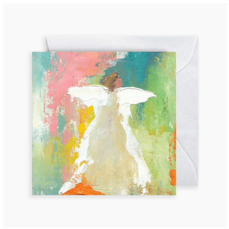 Greeting card with a colorful abstract design featuring an angel, accompanied by a white envelope.