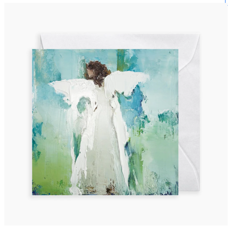 Card with an angel illustration on a watercolor background