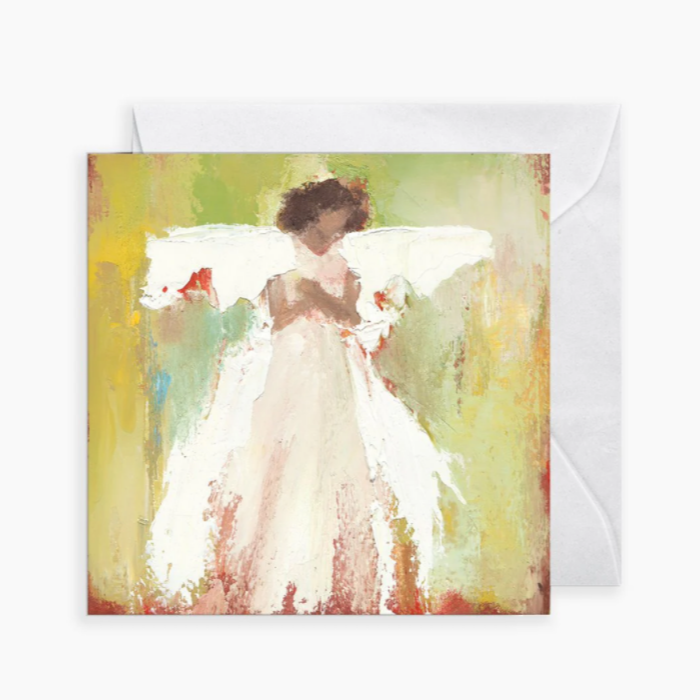 Greeting card with artistic depiction of a woman in a white dress on a colorful abstract background.