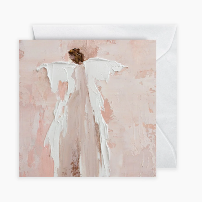 Greeting card with angel illustration on a textured pink background