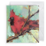 Card with a red cardinal bird on a branch against a colorful abstract background