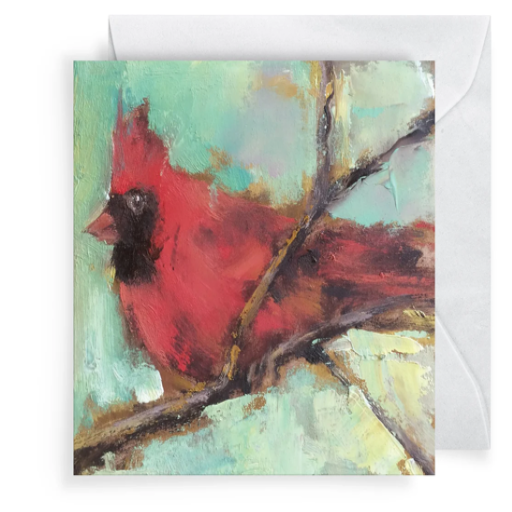 Card with a red cardinal bird on a branch against a colorful abstract background