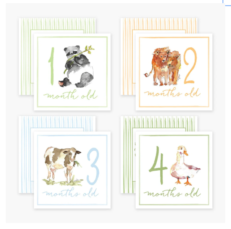 Set of four milestone cards with animals and months old text on a white background
