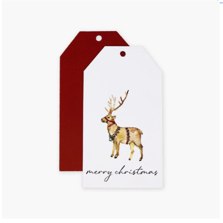 Gift tag with a deer illustration and 'merry christmas' text on a white background