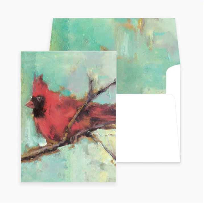 Card with red cardinal painting on a matching envelope
