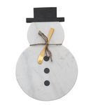 Marble snowman decoration with a black top hat, gold carrot nose, and black buttons on a white background.