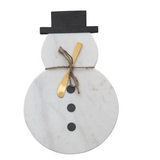 Marble snowman decoration with a black top hat, gold carrot nose, and black buttons on a white background.