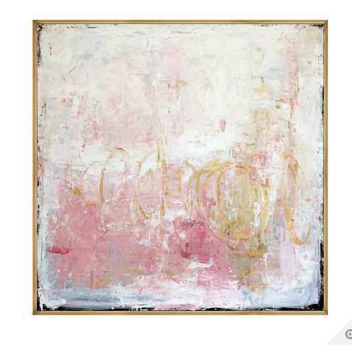 Abstract painting with pink and gold tones on a white background