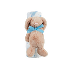 ditsy blue floral swaddle and brown bunny rattle baby set