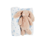 ditsy blue floral swaddle and brown bunny rattle baby set