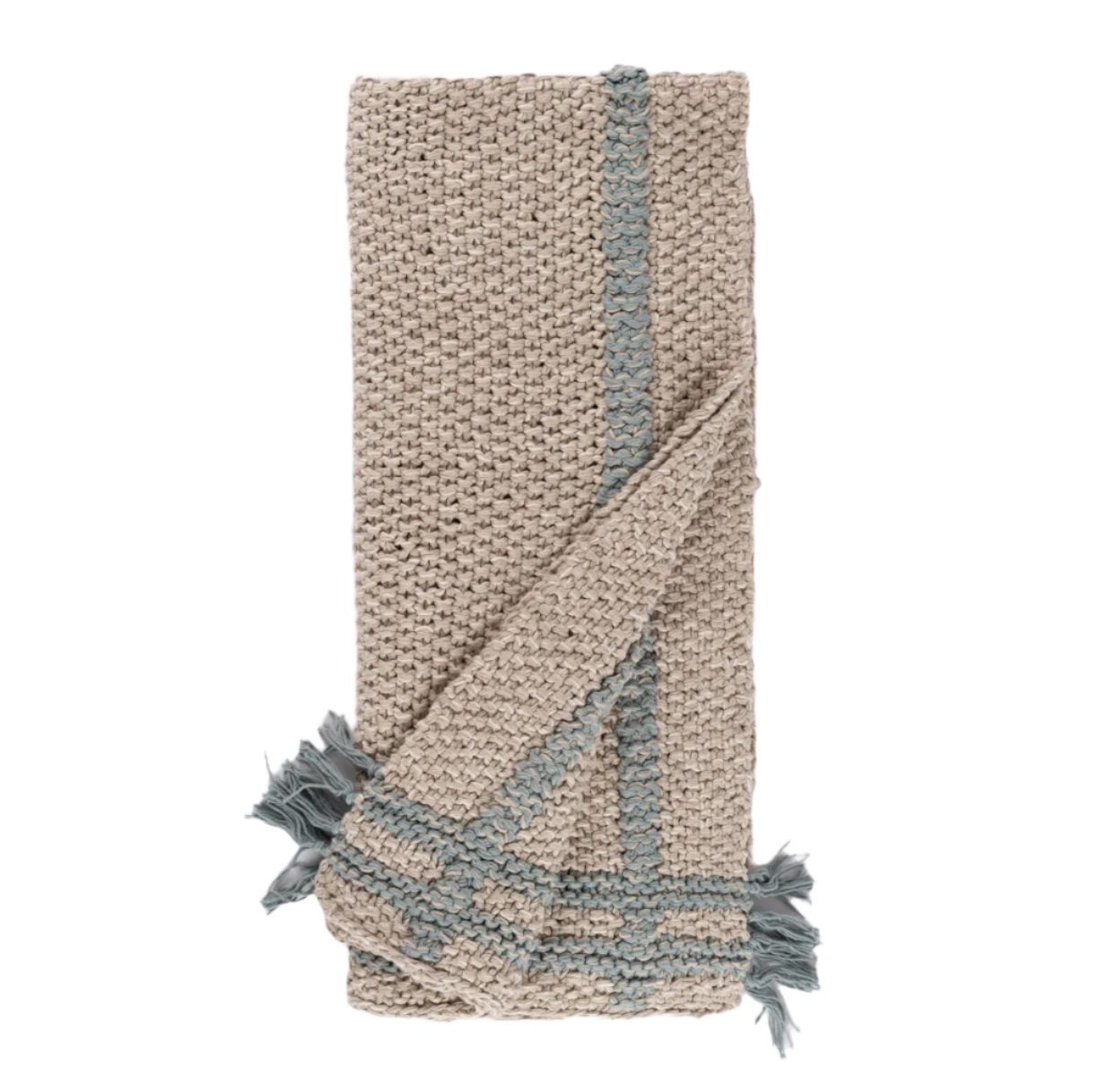 Knitted throw blanket with fringes on a white background