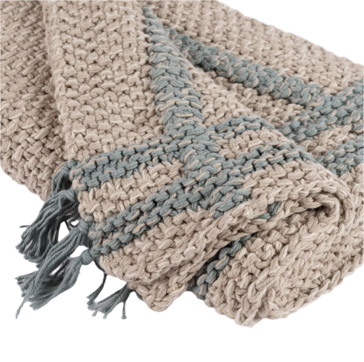 Knitted blanket with beige and blue pattern on a white background
