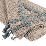 Knitted blanket with beige and blue pattern on a white background