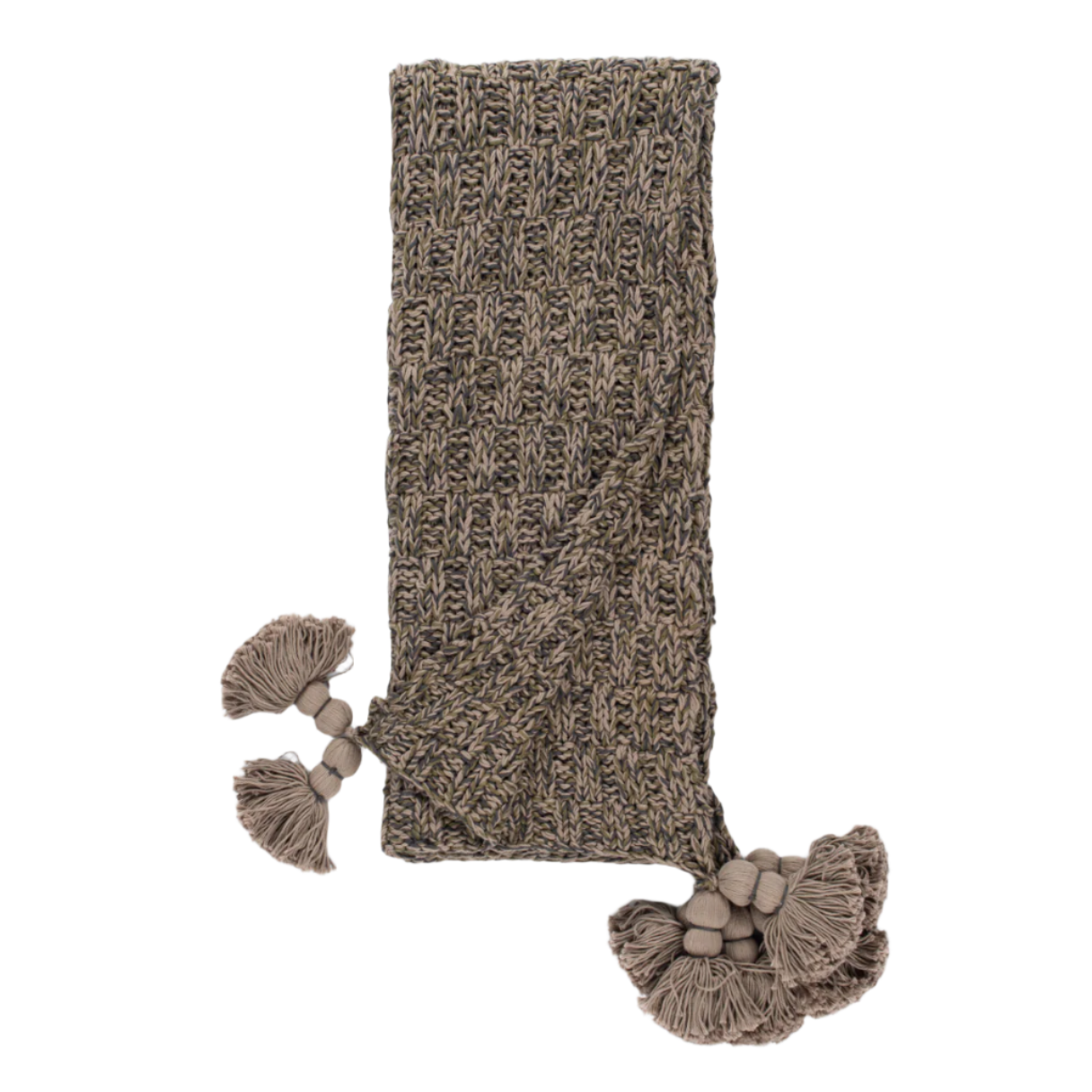 Knitted scarf with tassels on a white background