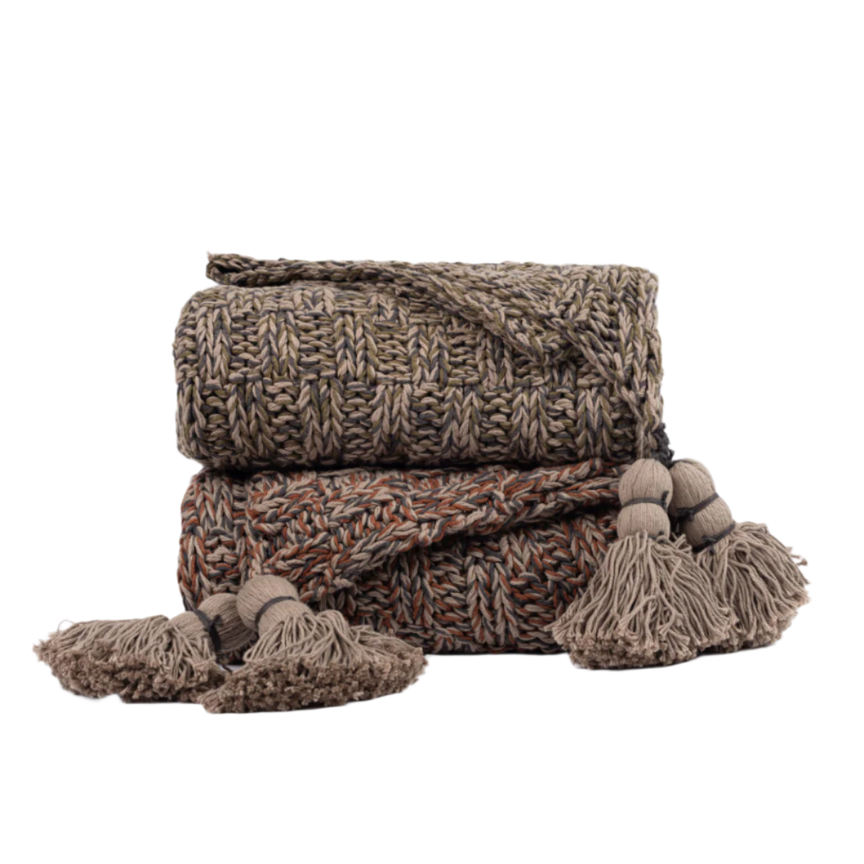 Knitted blanket with tassels on a white background