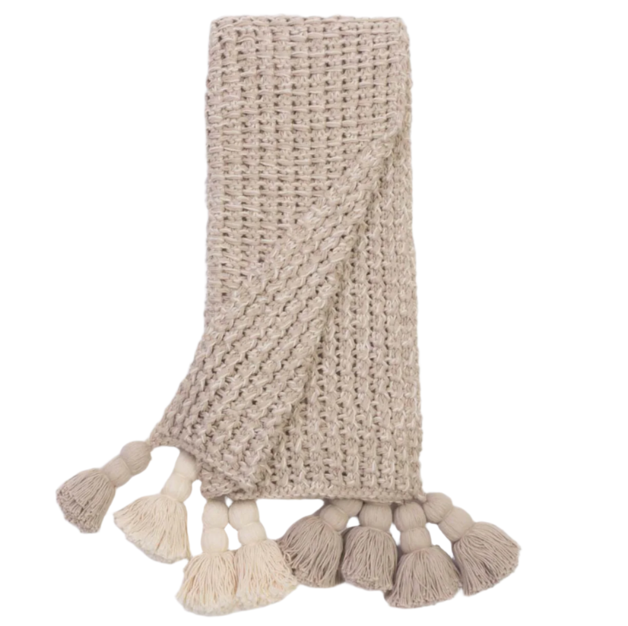 Beige knitted blanket with tassels on a white background