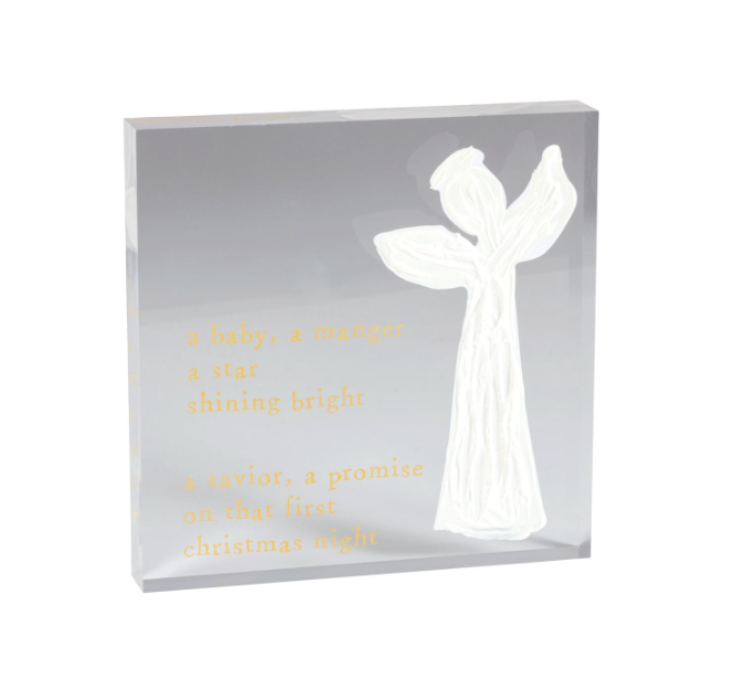 Decorative angel figure in a clear box with gold text on a white background