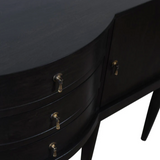 Black dresser with gold handles on a white background