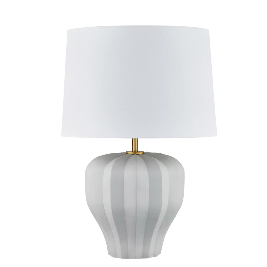 Table lamp with a white shade and striped gray base on a white background