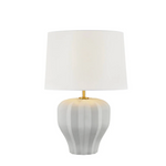 Table lamp with a white shade and striped gray base on a white background