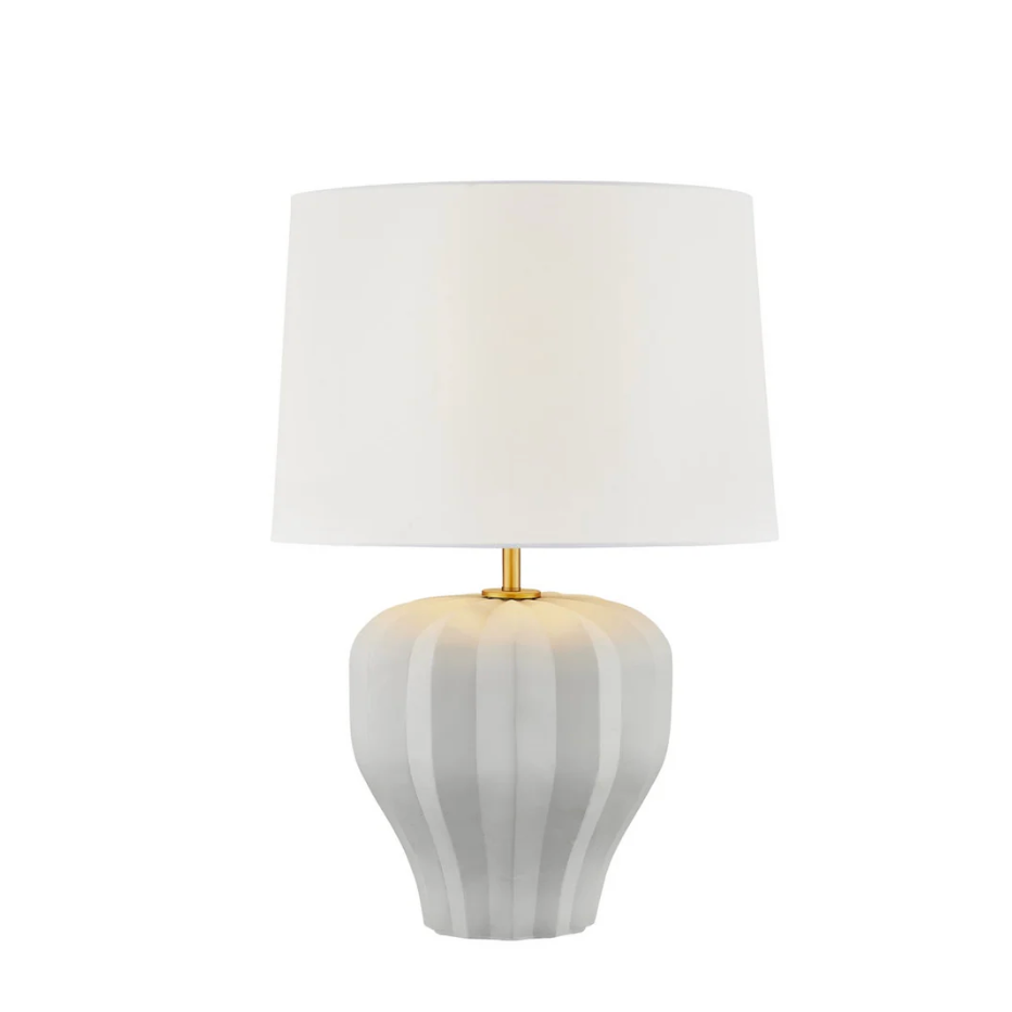 Table lamp with a white shade and striped gray base on a white background