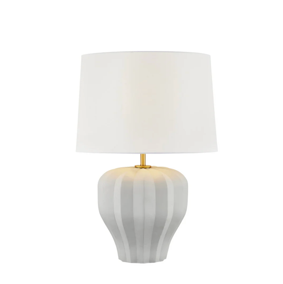 Table lamp with a white shade and striped gray base on a white background