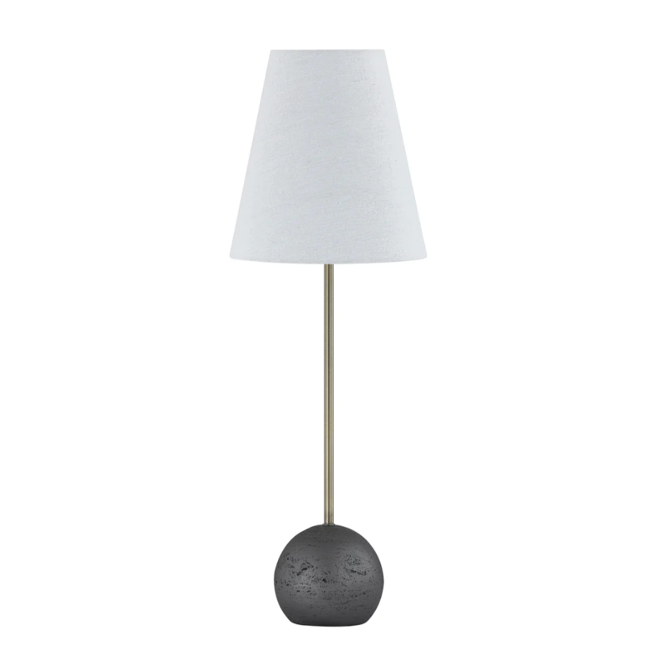 Table lamp with a dark base and white shade on a white background