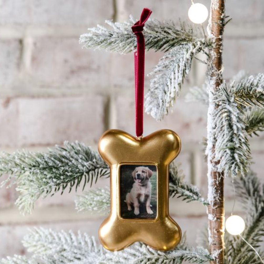 Gold bone-shaped photo ornament with a puppy picture hanging on a Christmas tree.