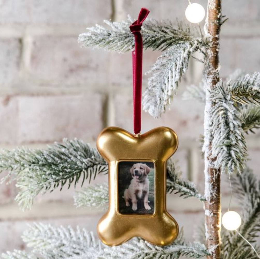 Gold bone-shaped photo ornament with a puppy picture hanging on a Christmas tree.