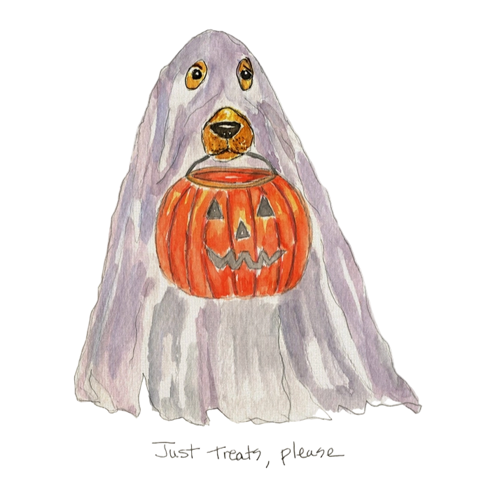 Illustration of a ghost dog holding a Halloween pumpkin with 'Just Treats, Please' text.