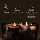 Candle with vegan, cruelty-free, and sulfate-free icons on a dark background