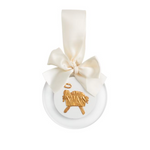 Decorative ornament with a gold angel design on a white background