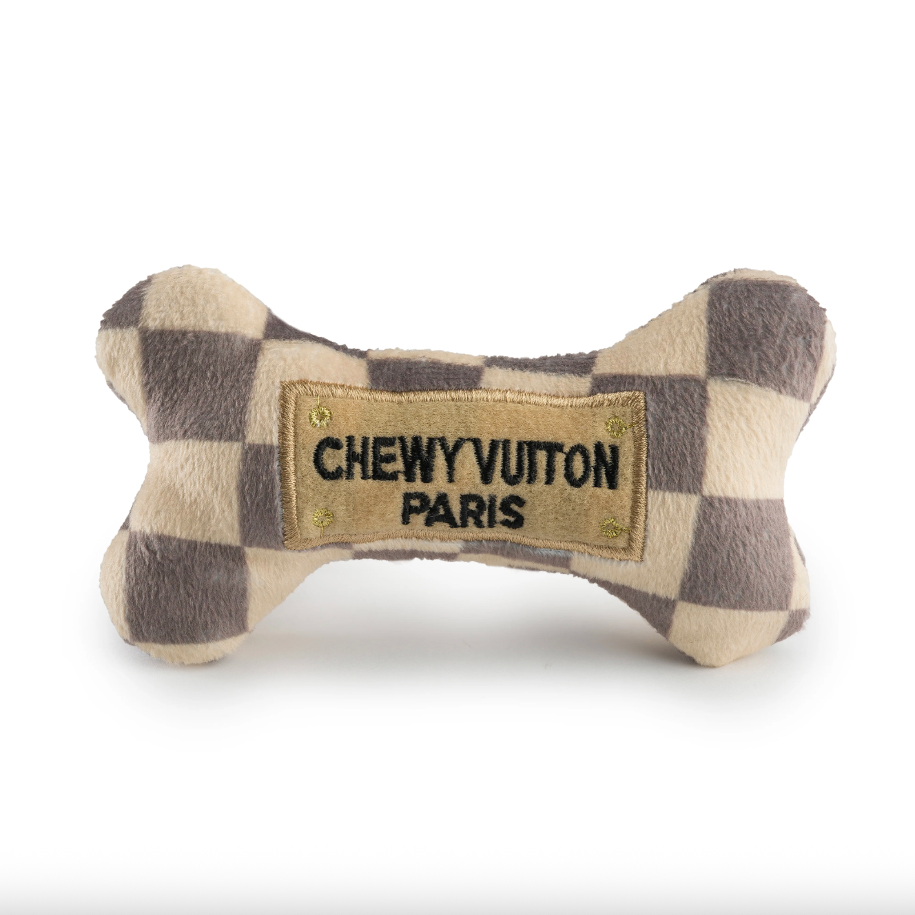 plush dog toy designed to resemble checkered handbags with 'CHEWY VUITON PARIS' embroidered on the surface.