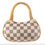 Plush Checker Chewy Vuiton Handbag dog toy in beige and cream check pattern with squeaker inside.