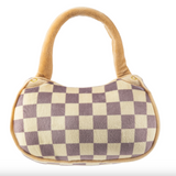 Plush Checker Chewy Vuiton Handbag dog toy in beige and cream check pattern with squeaker inside.