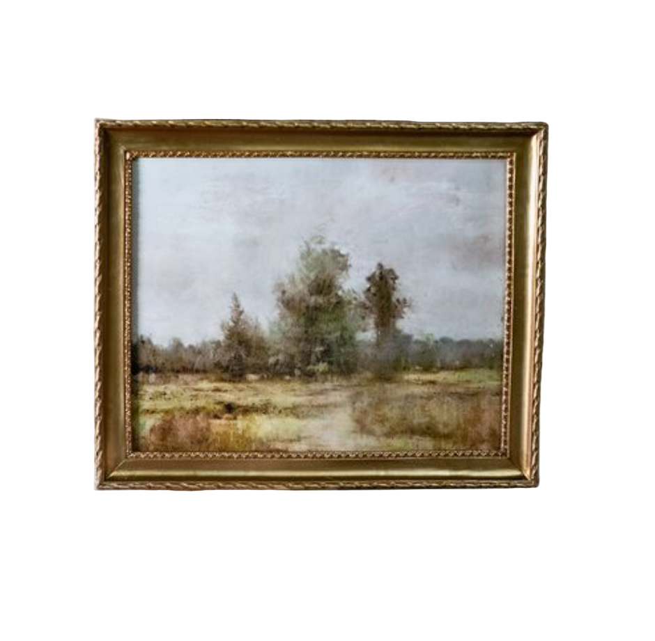 Framed 8x10 prairie landscape print featuring soft, muted countryside scenery with trees and open fields, displayed in a gold ornate frame against a white background