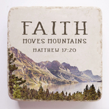 Decorative coaster with mountain landscape and 'Faith Moves Mountains' text