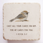 Decorative stone with a bird illustration and Bible verse text on a white background